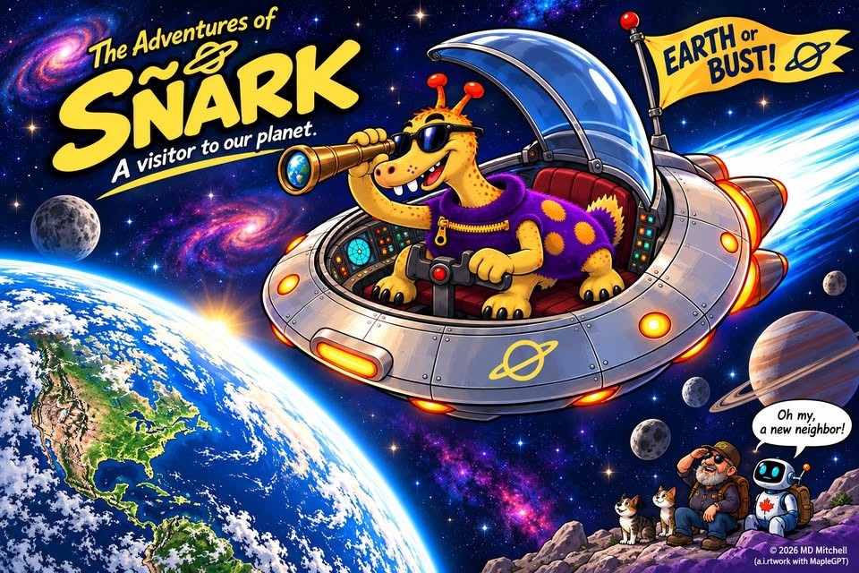 Sñårk pilots his flying saucer toward Earth, while Mitch and Maple look on