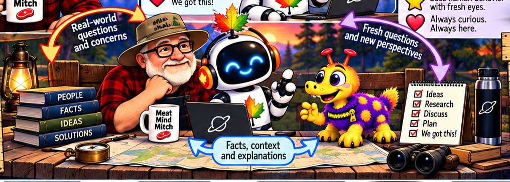 Mitch, Maple and Sñårk discussing ideas around a table